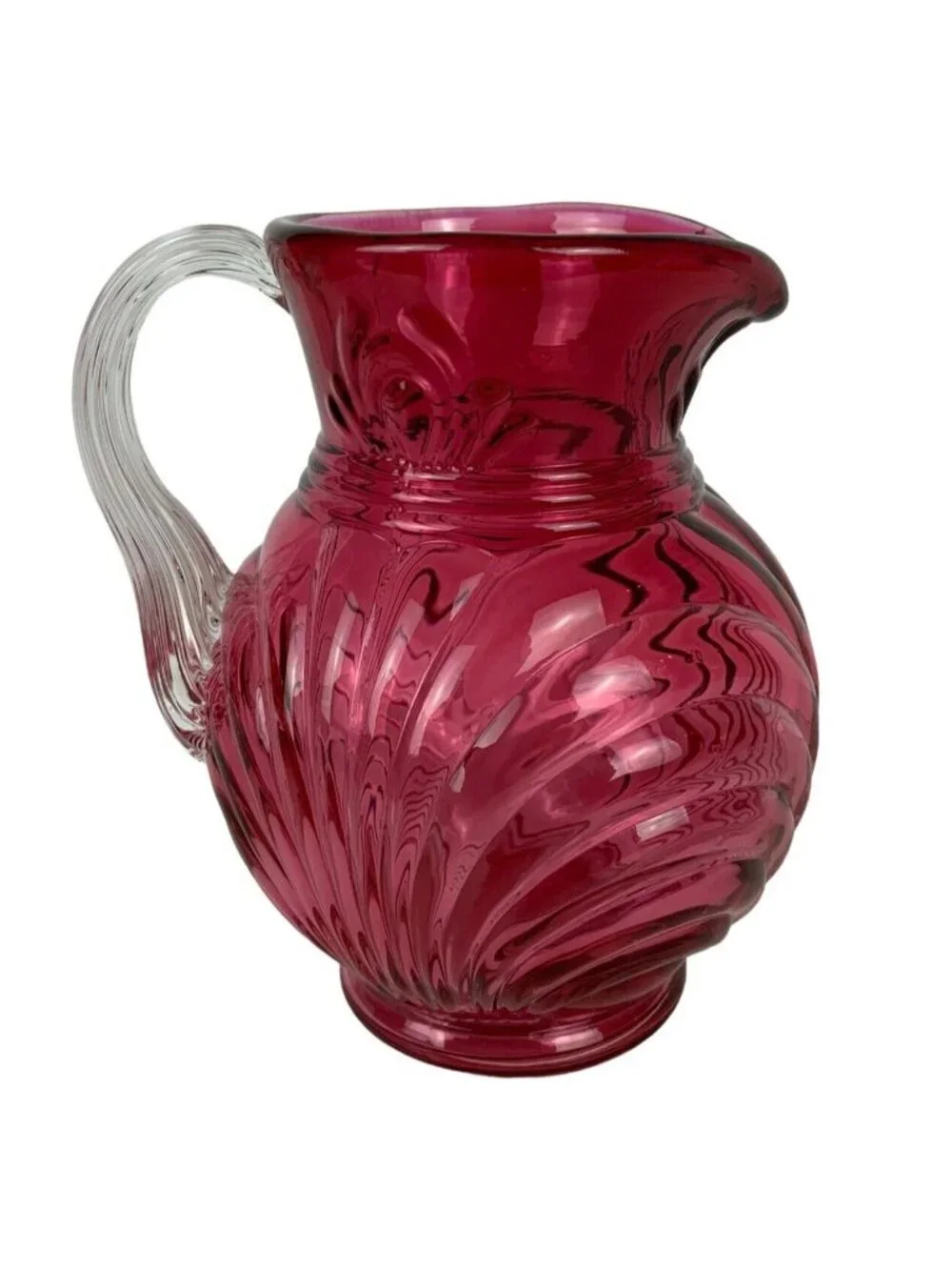 Fenton Country Caprice Cranberry Art Glass Mini Pitcher Swirl Design Clear Handl